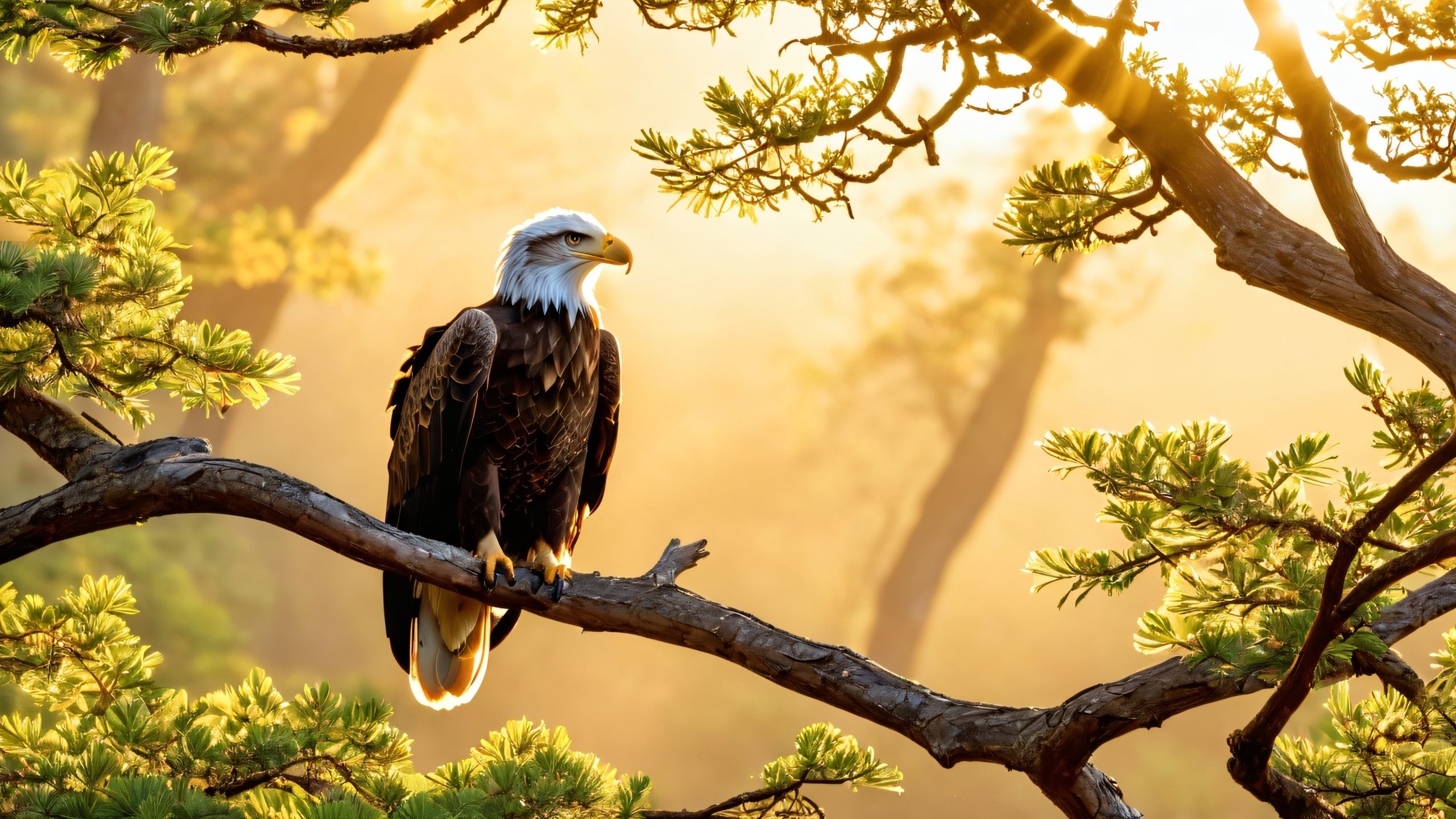 4K Eagle's Ancient Vigil Desktop Background A majestic bald eagle perched on a tree branch, scanning the misty forest landscape for prey or threats. For desktop/PC.