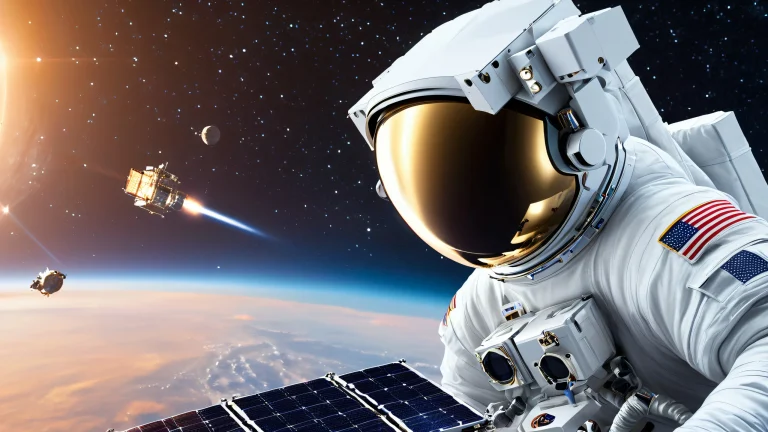 A lone technician in white astronaut attire floats amidst space, inspecting NASA satellite Echo II with tablet. Desktop/PC wallpaper.