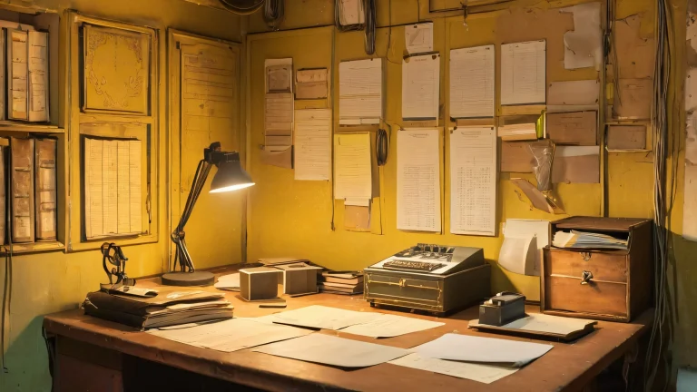 A darkened room with a figure investigating a cluttered desk on a 4K desktop background.