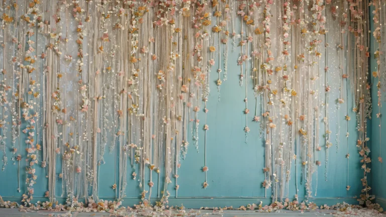 Vintage-inspired wallpaper with floral patterns, creases, and peeling threads. Abandoned furniture and cobwebs in a dimly lit, claustrophobic space for desktop/PC.