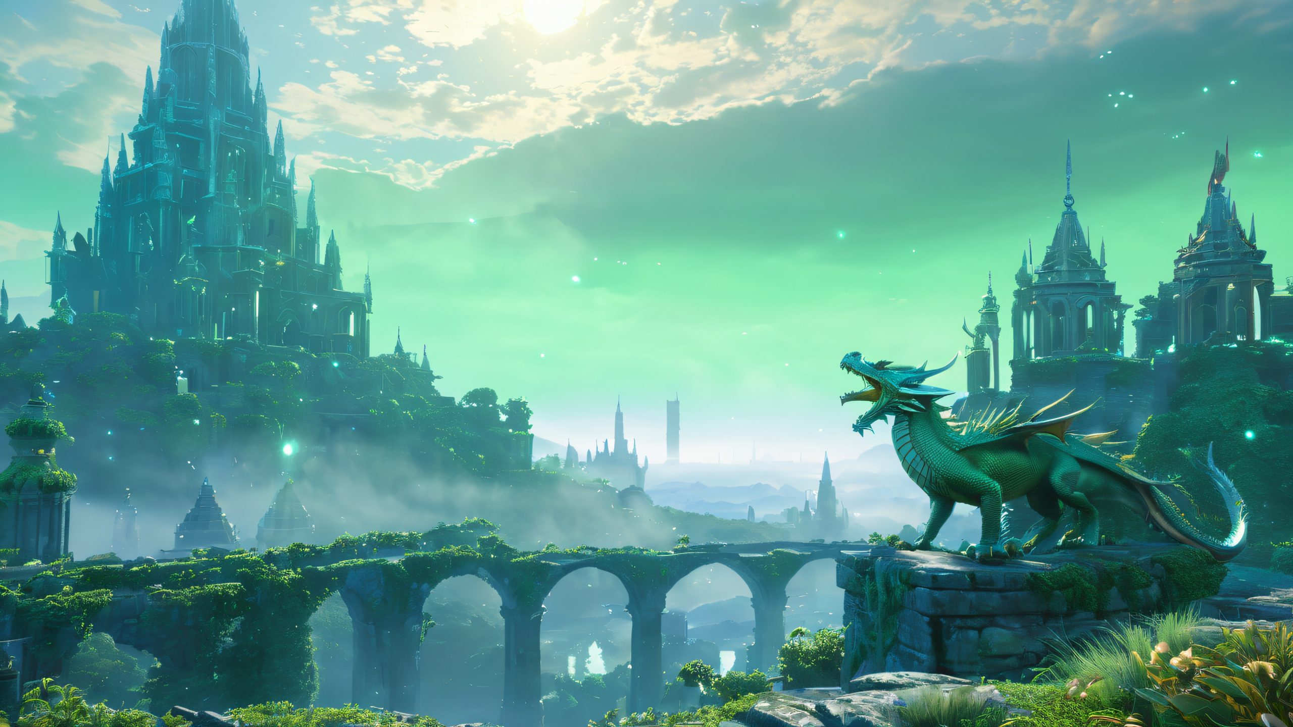 A majestic dragon stands victorious amidst a mist-shrouded, ancient city, with crumbling spires and towers, and glowing runes, suitable for desktop/PC use.