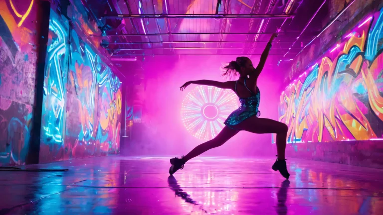 Dynamic dancer in motion, surrounded by vibrant graffiti and pulsing LED lights, perfect for desktop or PC background.