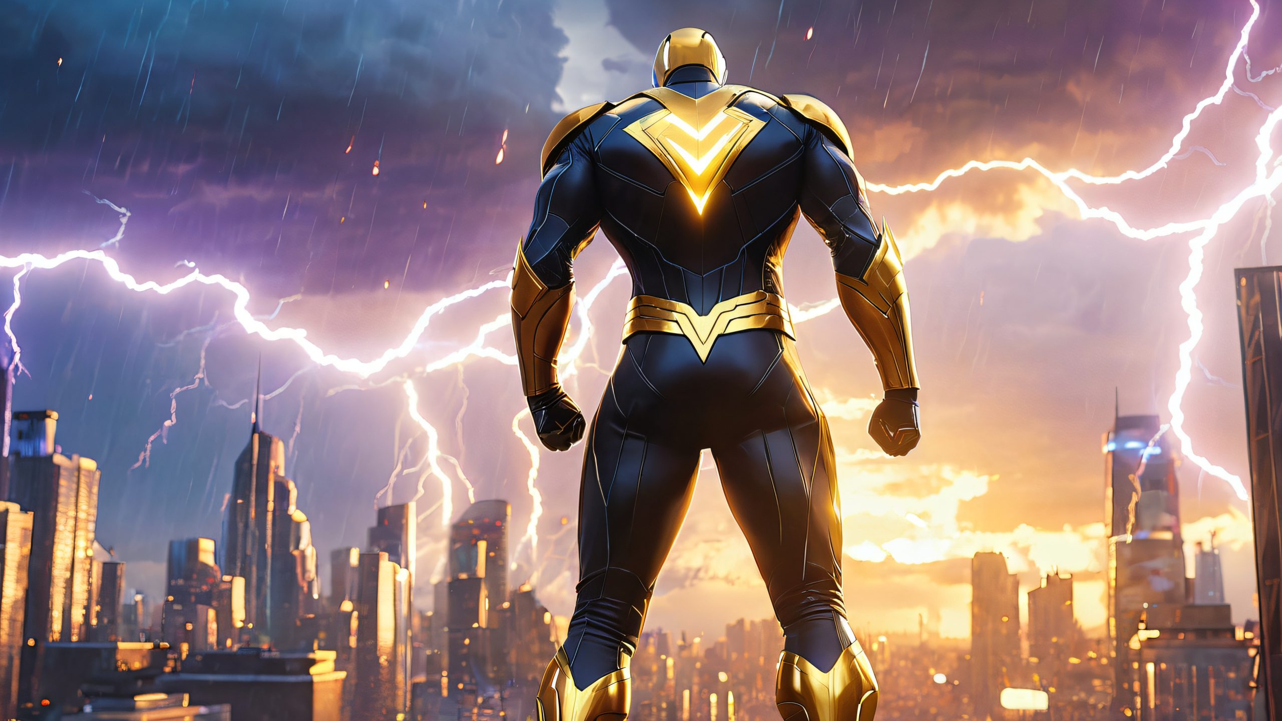 Dynamic superhero poses against thunderstorm backdrop on desktop/pc for an epic visual experience.