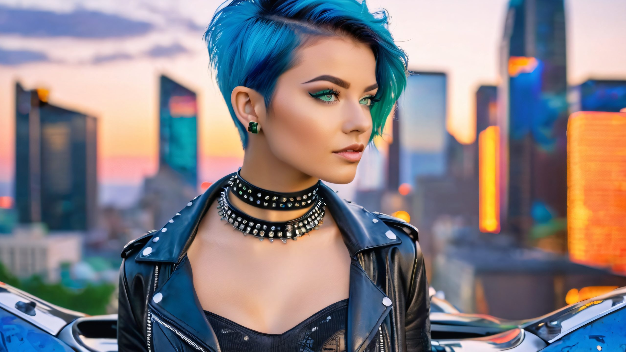 A young woman with bold hair and green eyes stands confidently in front of a cityscape at sunset, with a motorcycle and graffiti-covered wall, perfect for desktop or PC