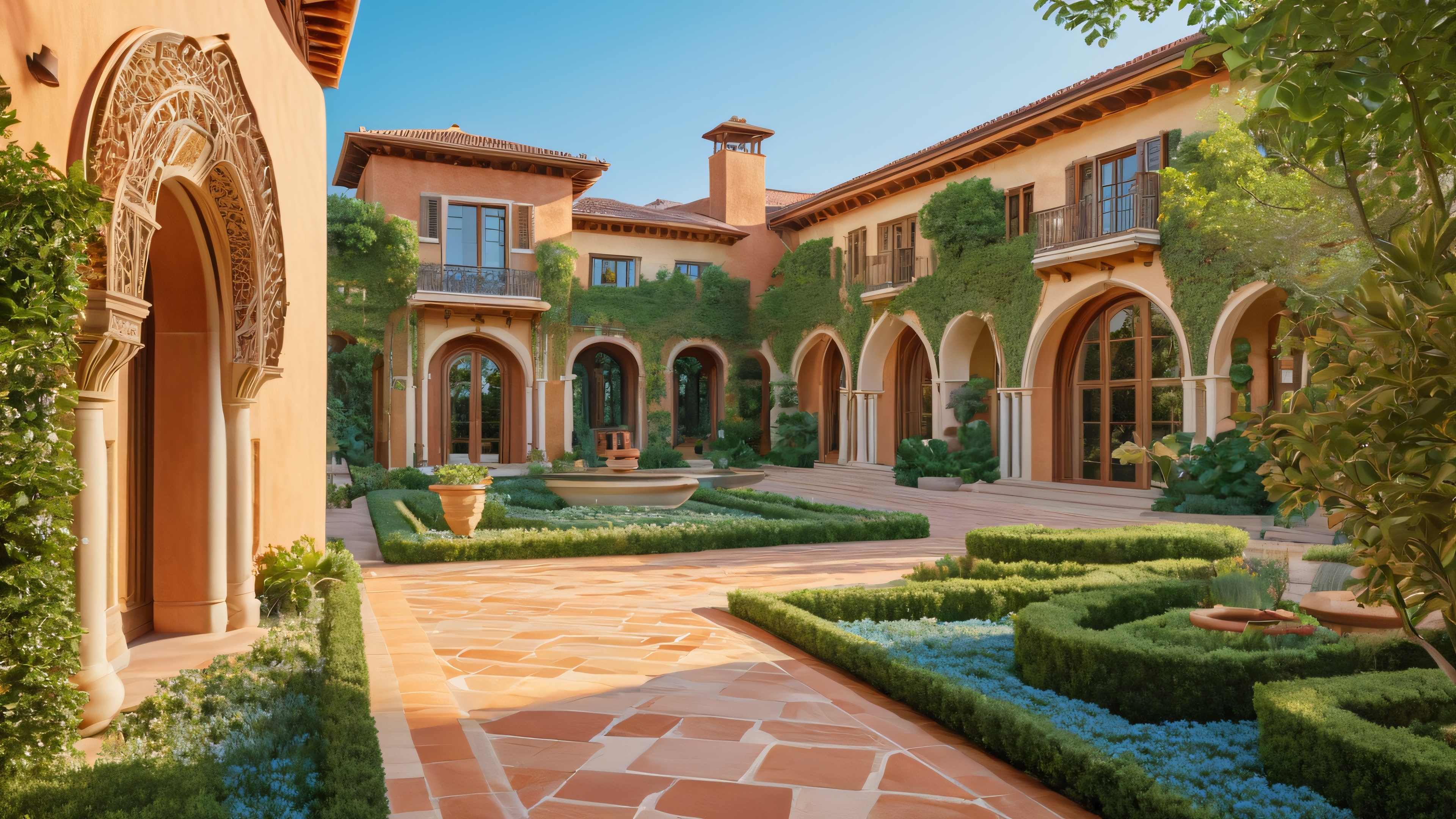 A beautiful depiction of an elegant mansion in Art Nouveau style, with intricate stone archways and ornate tilework.