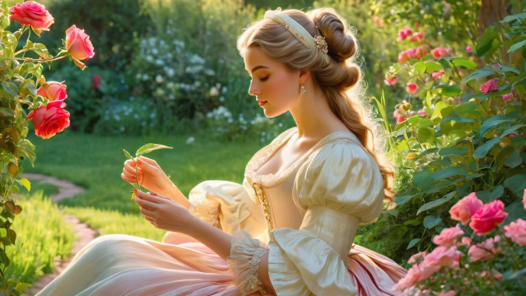 elegant lady serene 18th century garden wallpaper scaled