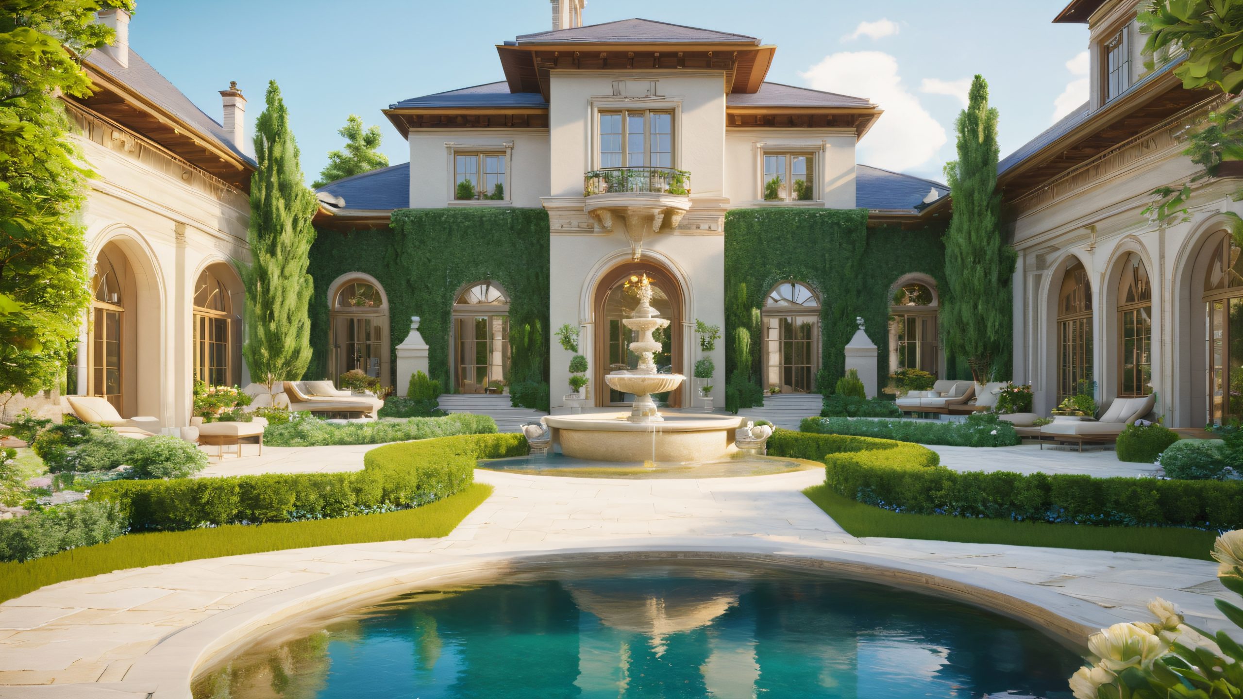 Majestic mansion with stone walls and lush gardens on a tranquil desktop/pc