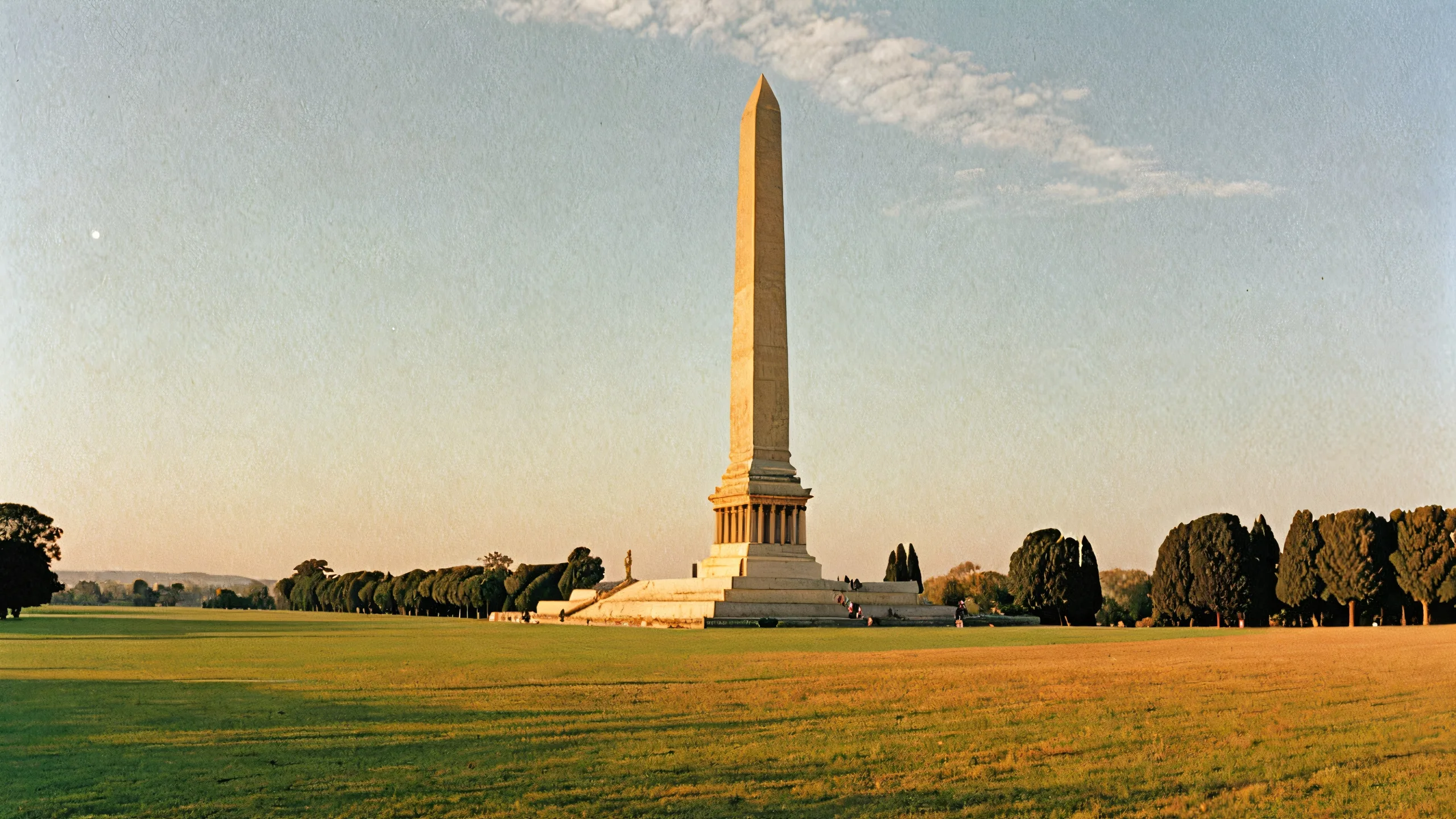 Ultra HD Elegant Monument Sunset Serenity WallpaperPCやデスクトップに最適 A serene desktop wallpaper featuring a small to medium-sized natural stone monument on a peaceful urban park setting at sunset, perfect for your PC or Desktop.