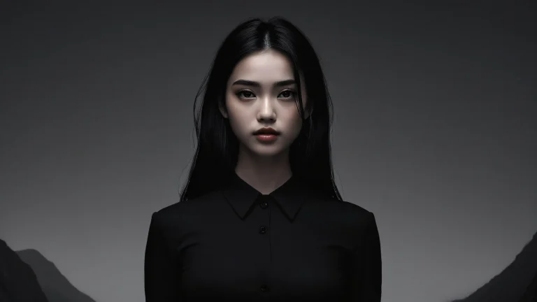 Girl's silhouette against a vast, pure void on a dark desktop/pc background with luminescent accents.