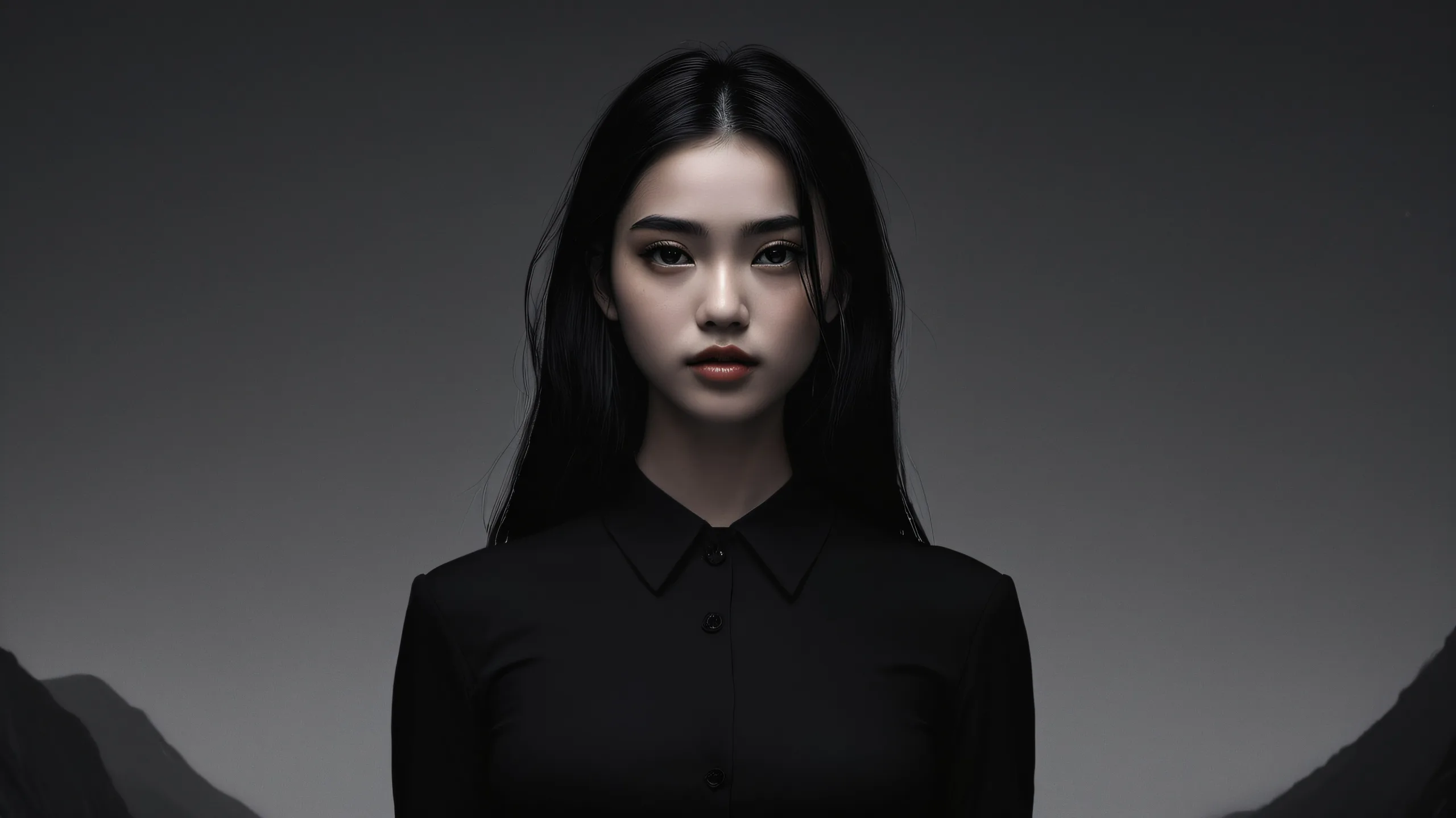 Girl's silhouette against a vast, pure void on a dark desktop/pc background with luminescent accents.