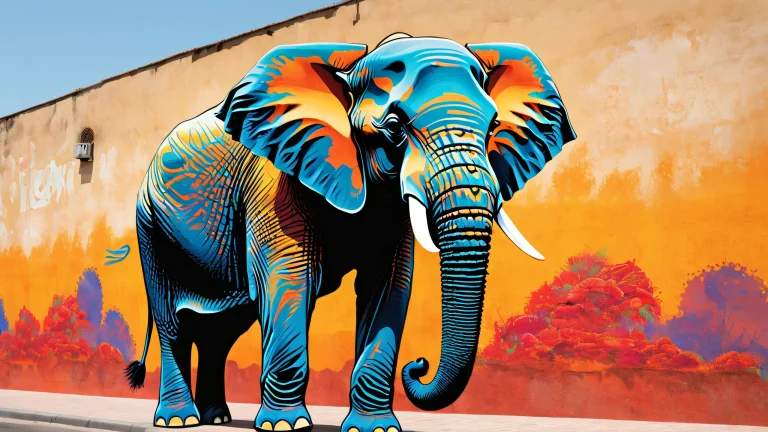 A majestic African elephant on a city alleyway at dusk with vibrant graffiti and subtle warm lighting for a desktop/pc background.