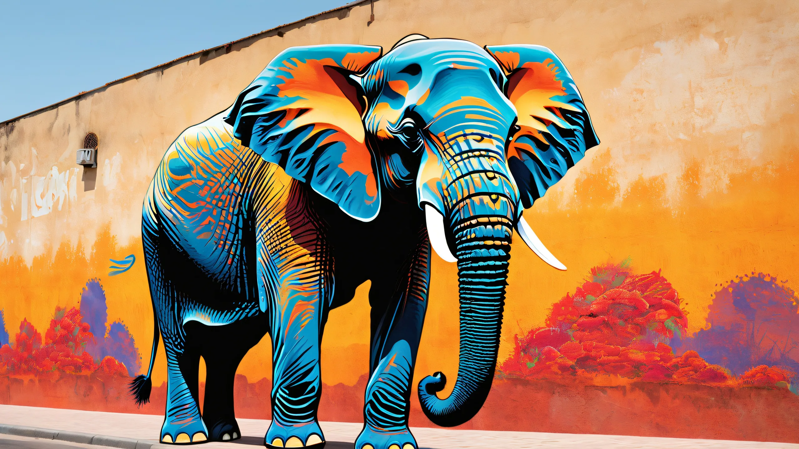A majestic African elephant on a city alleyway at dusk with vibrant graffiti and subtle warm lighting for a desktop/pc background.