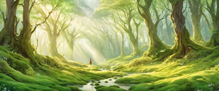 A serene Whispering forest desktop wallpaper featuring an Elf amidst soft candlelight, with shades of Moss Green and Pale Skin. Suitable for Desktop/PC screens.