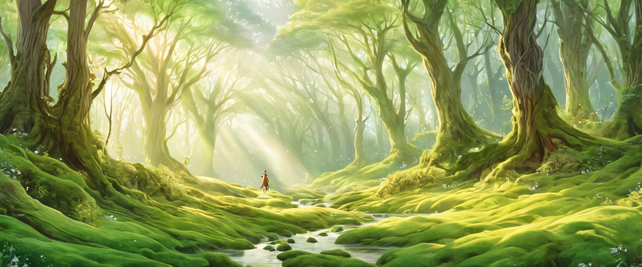 Stunning Ethereal Forest Whispers Wallpaper A serene Whispering forest desktop wallpaper featuring an Elf amidst soft candlelight, with shades of Moss Green and Pale Skin. Suitable for Desktop/PC screens.
