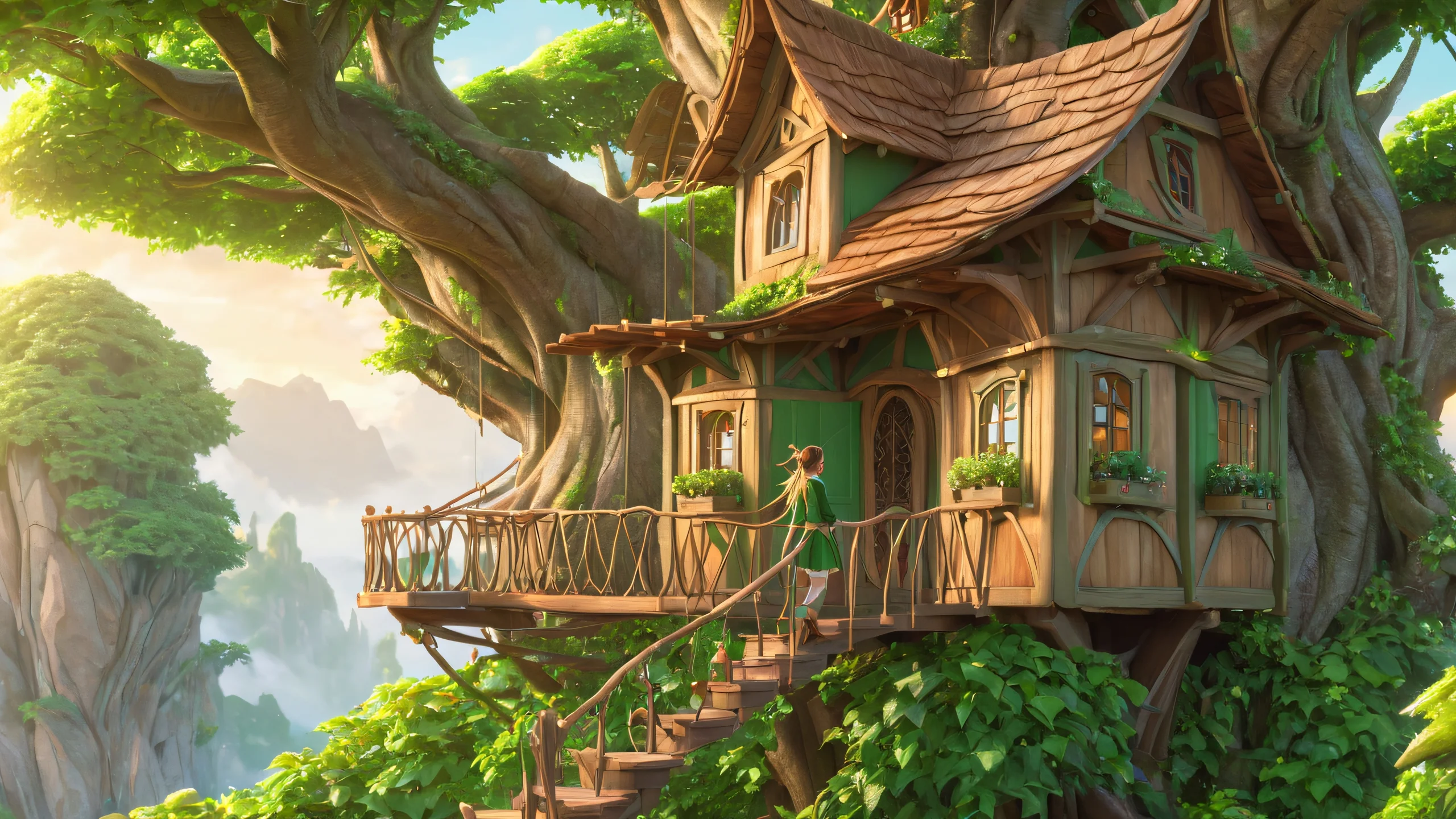 An illustration of an elf girl sitting in a treehouse surrounded by lush green and brown foliage.