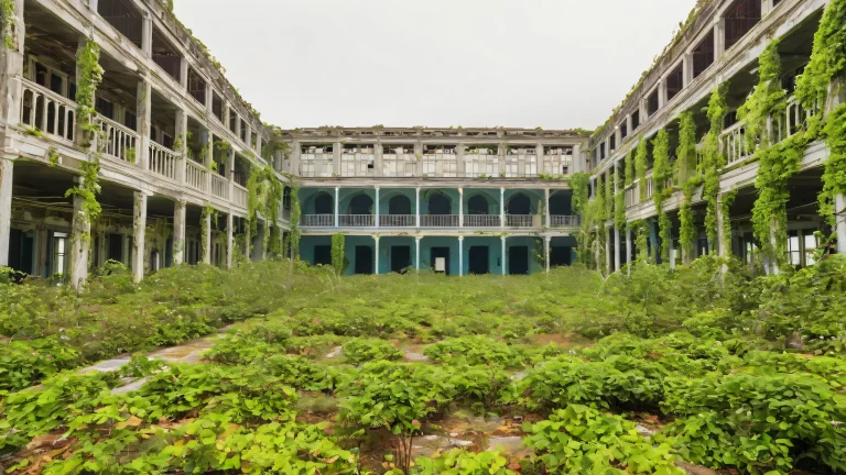 Abandoned hospital complex on Ellis Island, with ivy-covered walls and rusted medical equipment for screen readers. Suitable as a desktop background for PC or Desktop.