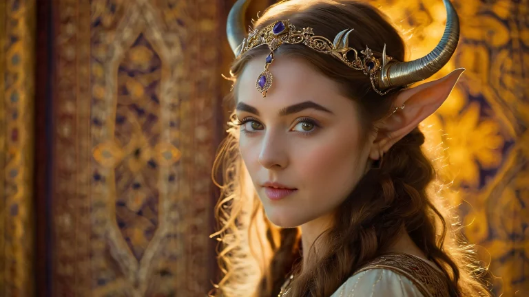 Long-haired elven maiden with pointy ears and horns gazing directly at the viewer amidst a tapestry of swirling patterns
