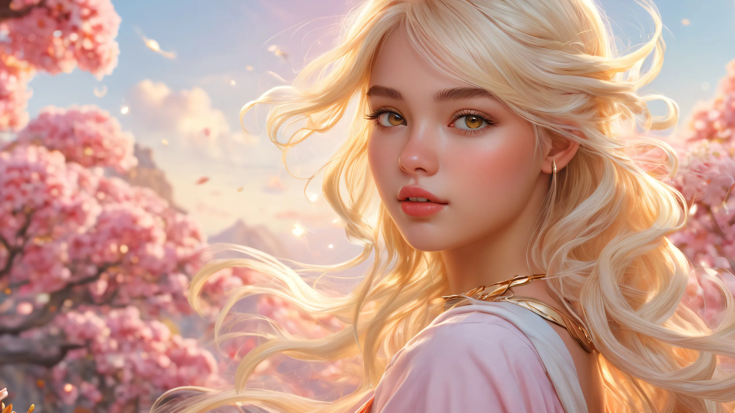 Ultra HD Whispers of Elysium's Gates Wallpaper A mystical realm with a blonde woman standing at the gates, soft lighting and pink/gold hues.