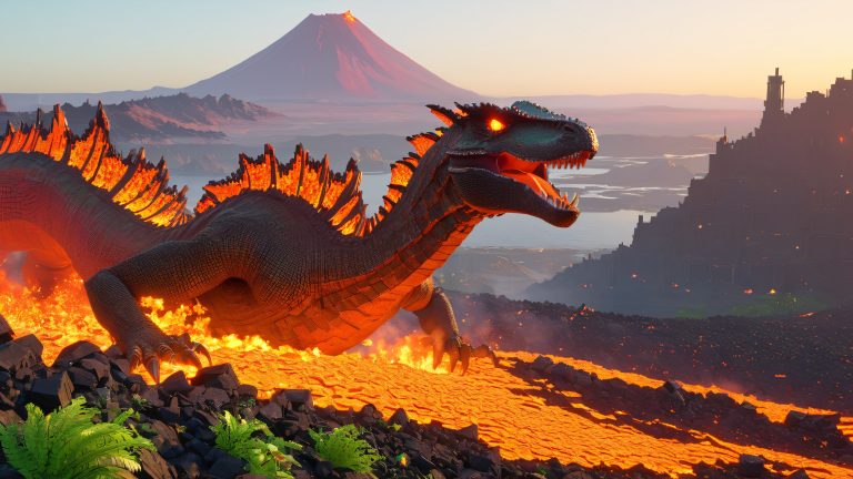 ember scaled behemoth amidst ruins scaled