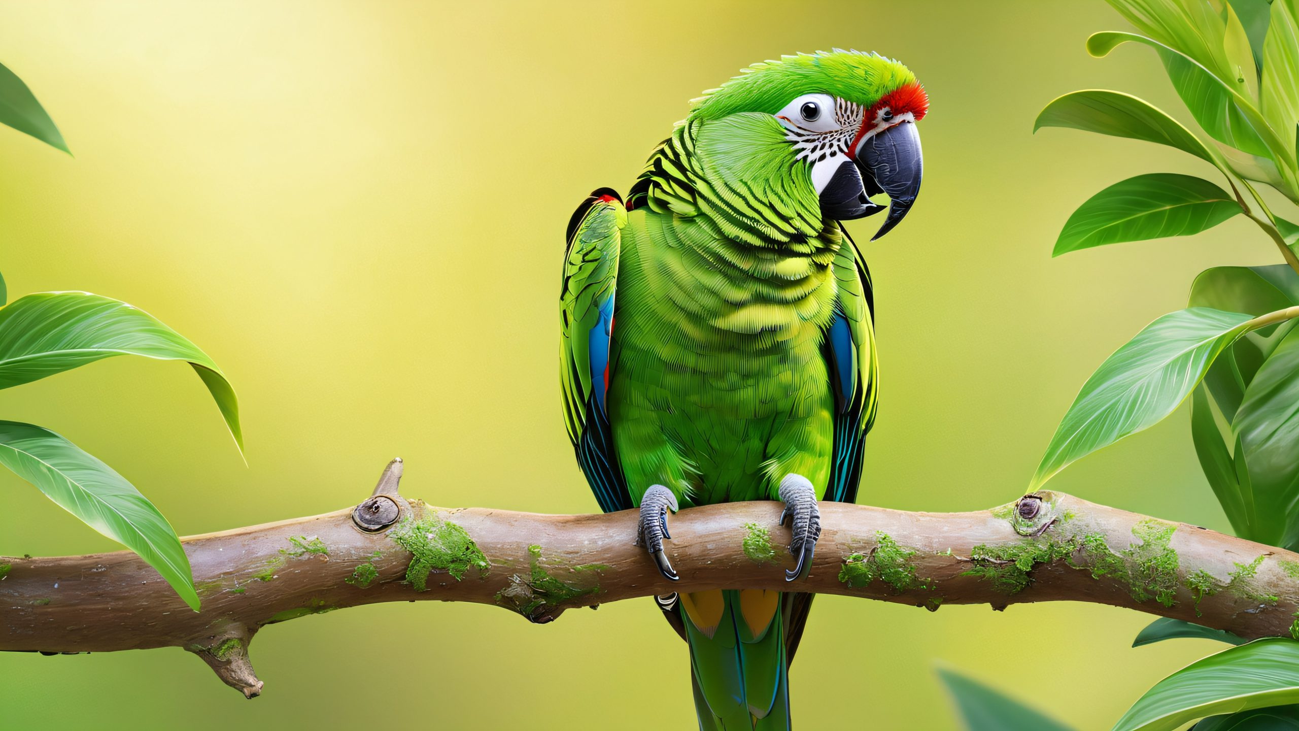 Emerald Parrot Oasis 4K UHD Widescreen A regal Forpus parrot perches on one leg amidst lush tropical foliage and blooming flowers on a desktop or PC.