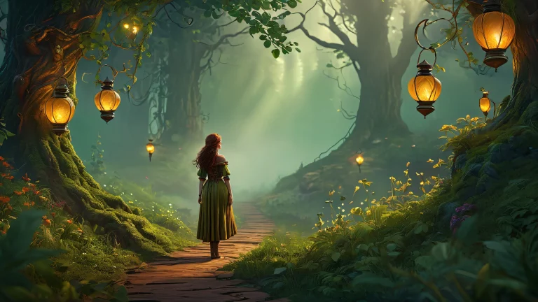 A mystical realm for your desktop/pc, featuring a female figure amidst an enchanted forest with vibrant colors and intricate details.