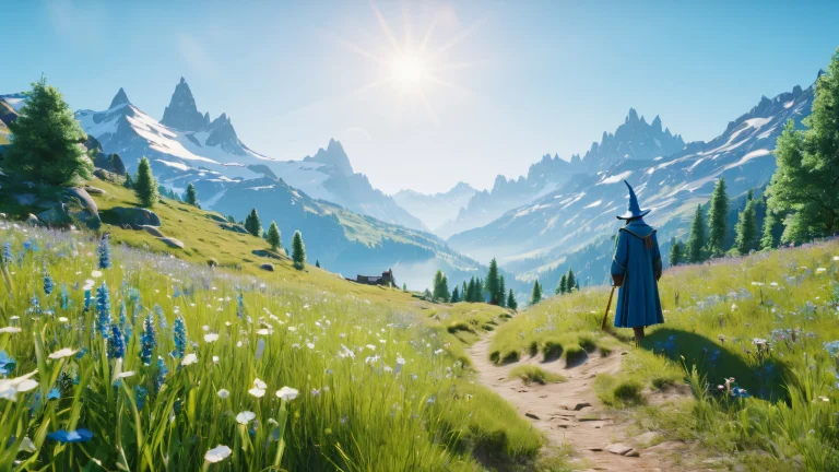 An idyllic fantasy scene featuring a wizard amidst a lush meadow, bathed in warm natural sunlight with long shadows.