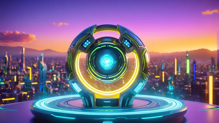 Futuristic Omnitrix device surrounded by energy tendrils on a laboratory desktop/PC for screen readers.