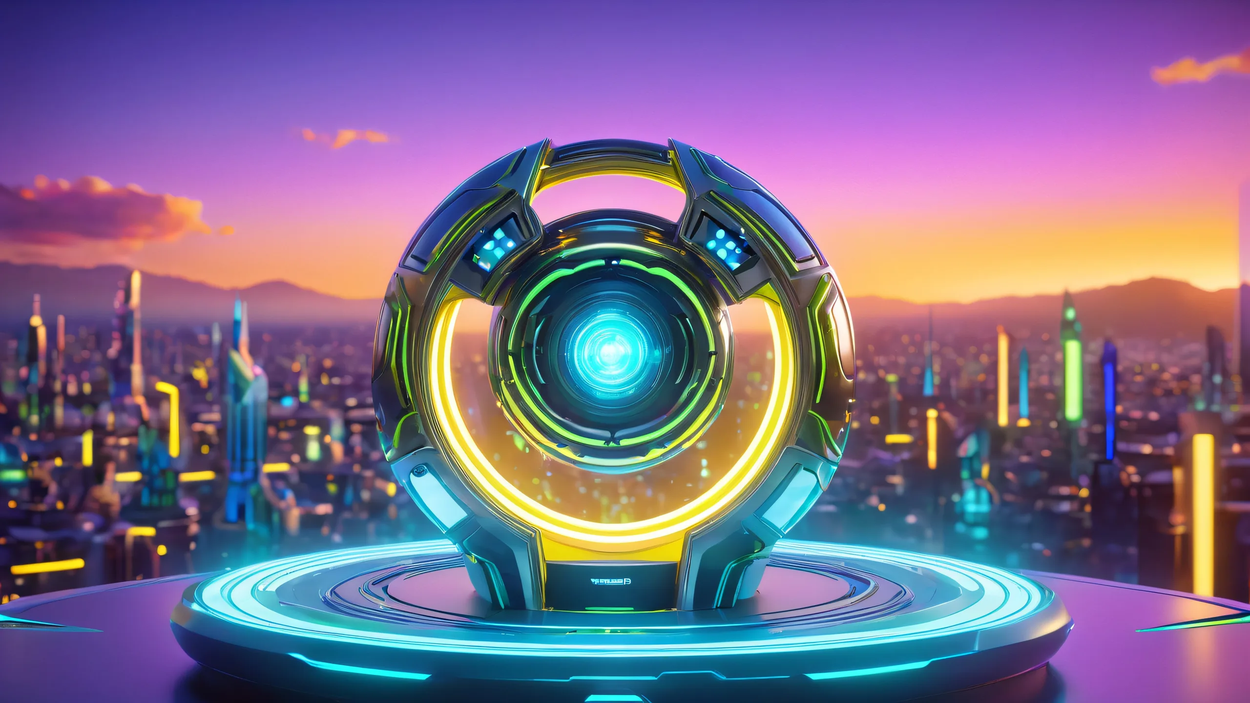 Futuristic Omnitrix device surrounded by energy tendrils on a laboratory desktop/PC for screen readers.