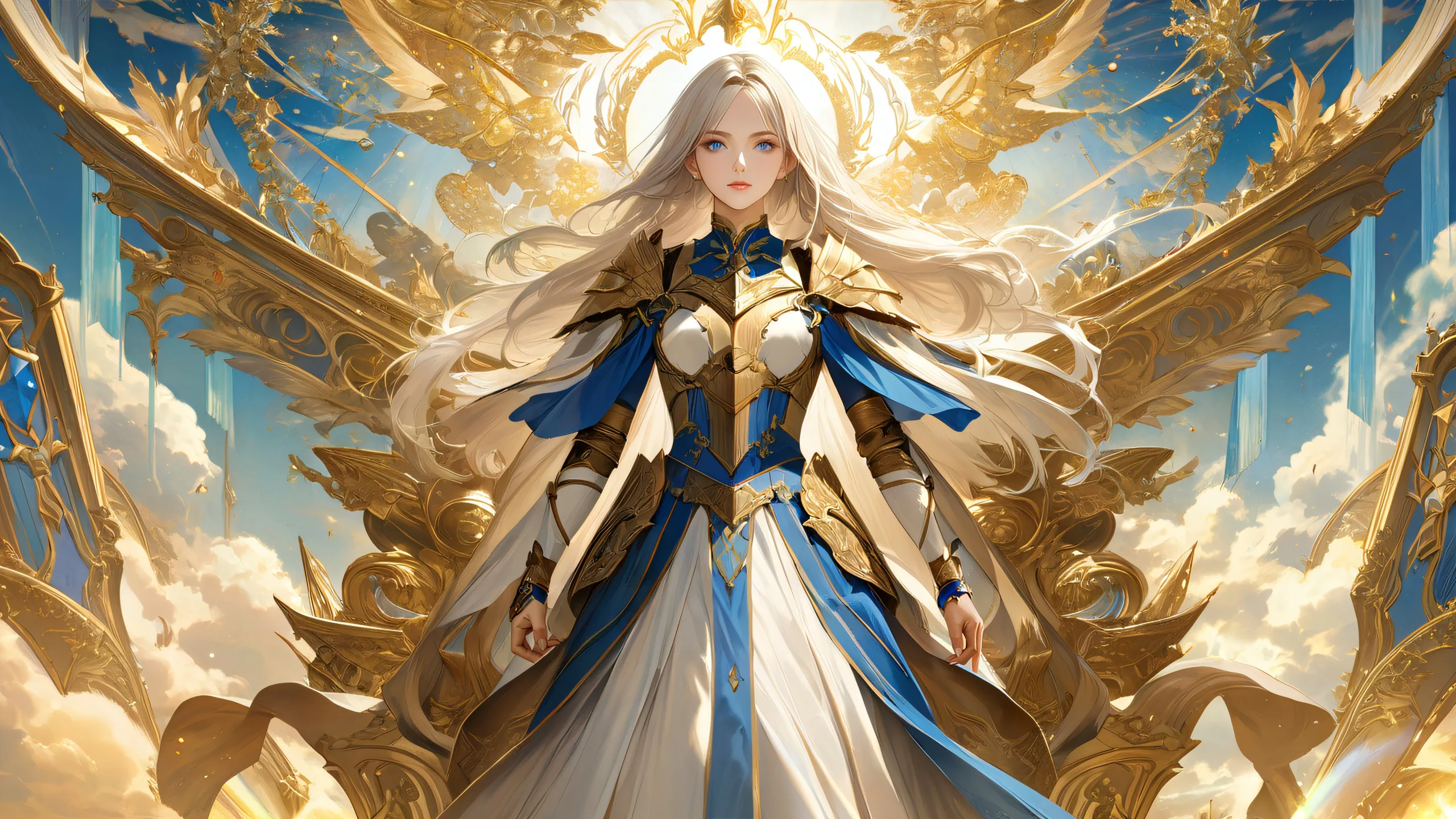 Stunning Eorzean Dawn Majesty 4K Wallpaper Regal warrior princess desktop background with misty dawn landscape and floating crystals for PC or Desktop