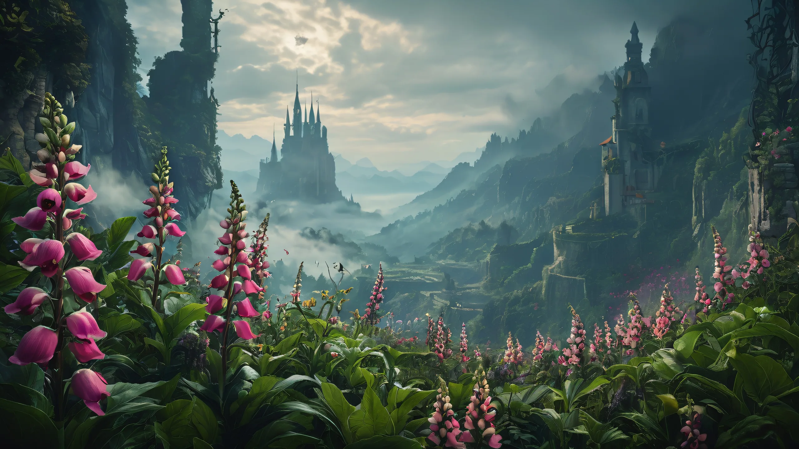 Digital art of an anime-inspired cityscape on a desktop/PC background with dramatic lighting and vibrant colors.