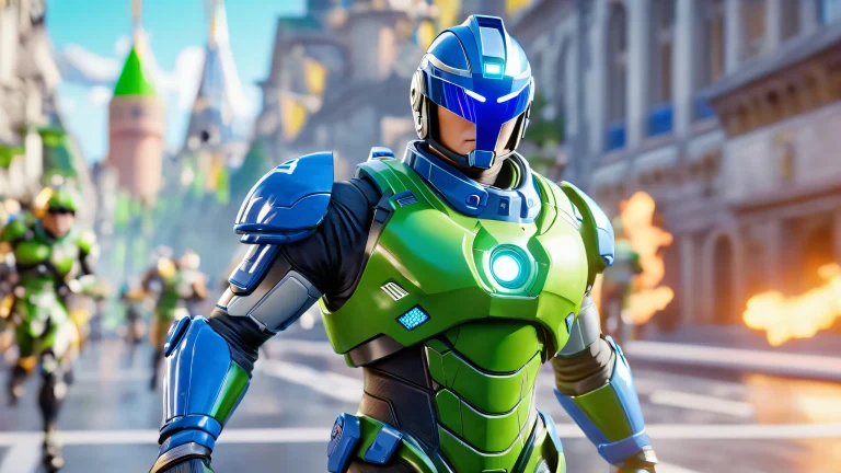 A dramatic scene featuring video game characters in a marathon setting with a blurry background and detailed CGI closeup.