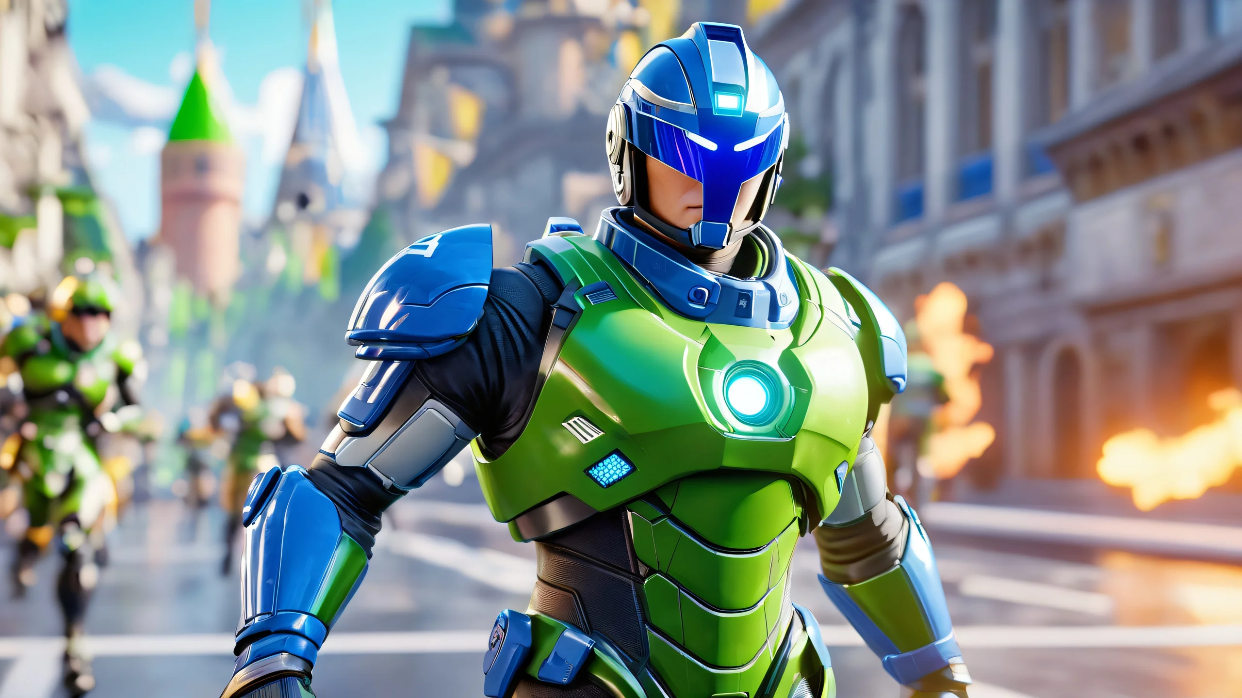 A dramatic scene featuring video game characters in a marathon setting with a blurry background and detailed CGI closeup.