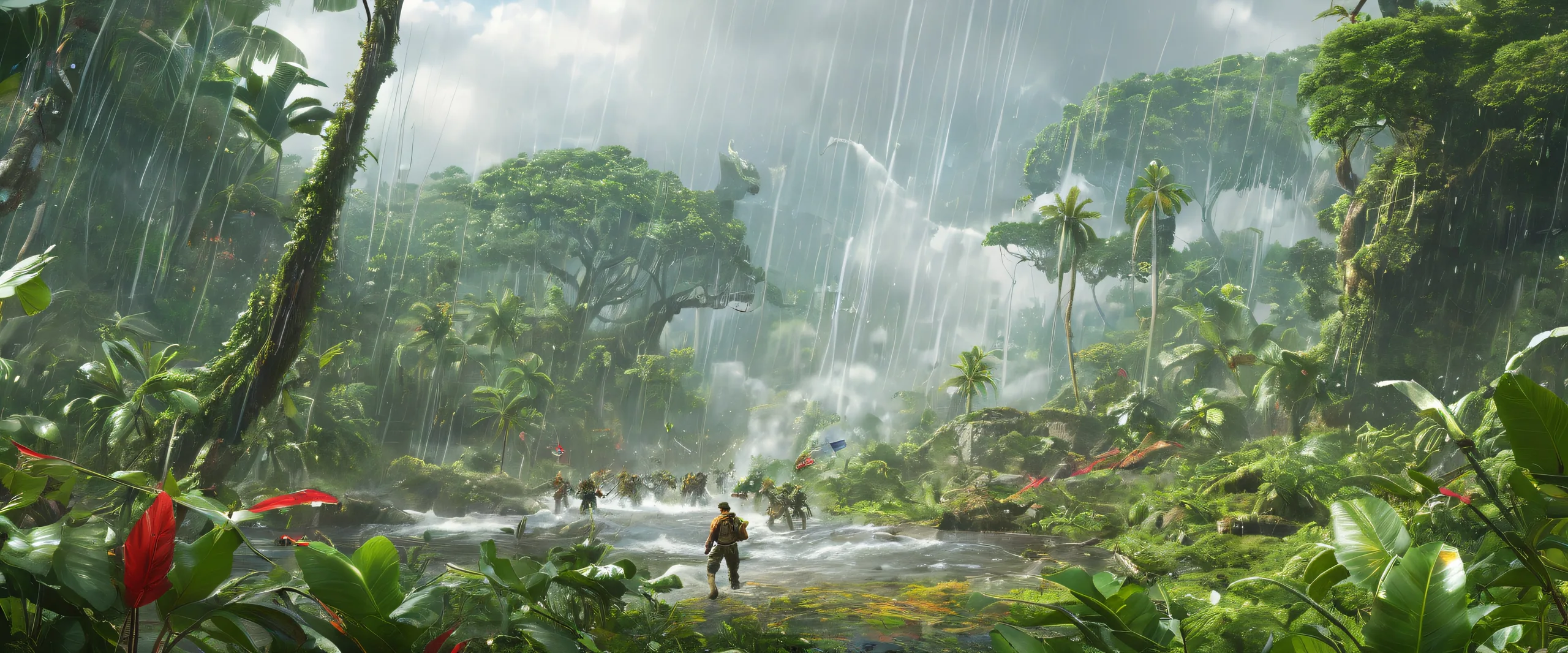Award-winning digital art of a breathtaking desktop wallpaper depicting an epic battle scene in a jungle environment, suitable for Desktop/PC use.