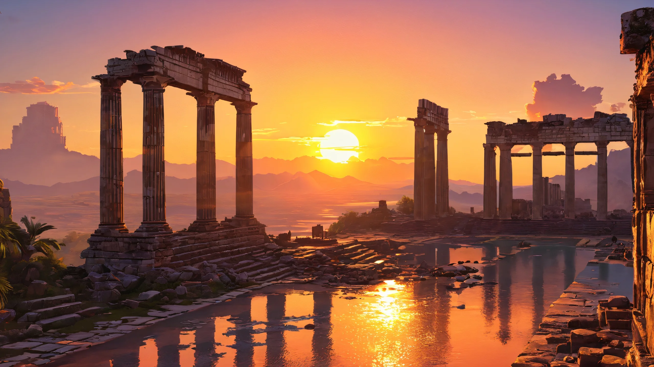 Epic Ruins Sunset Aesthetic PC Wallpaper A group of men stand amidst ancient ruins as the sun sets in a vibrant digital art landscape.