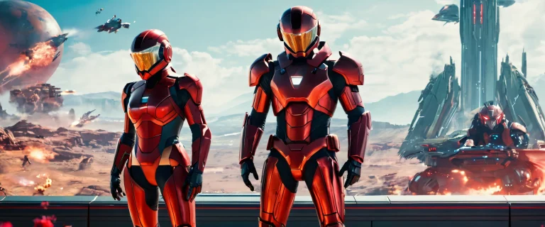 Desktop/PC wallpaper featuring futuristic video game characters in a dark and med bright scene with metallic accents, ideal for 21:9 ultrawide monitors.