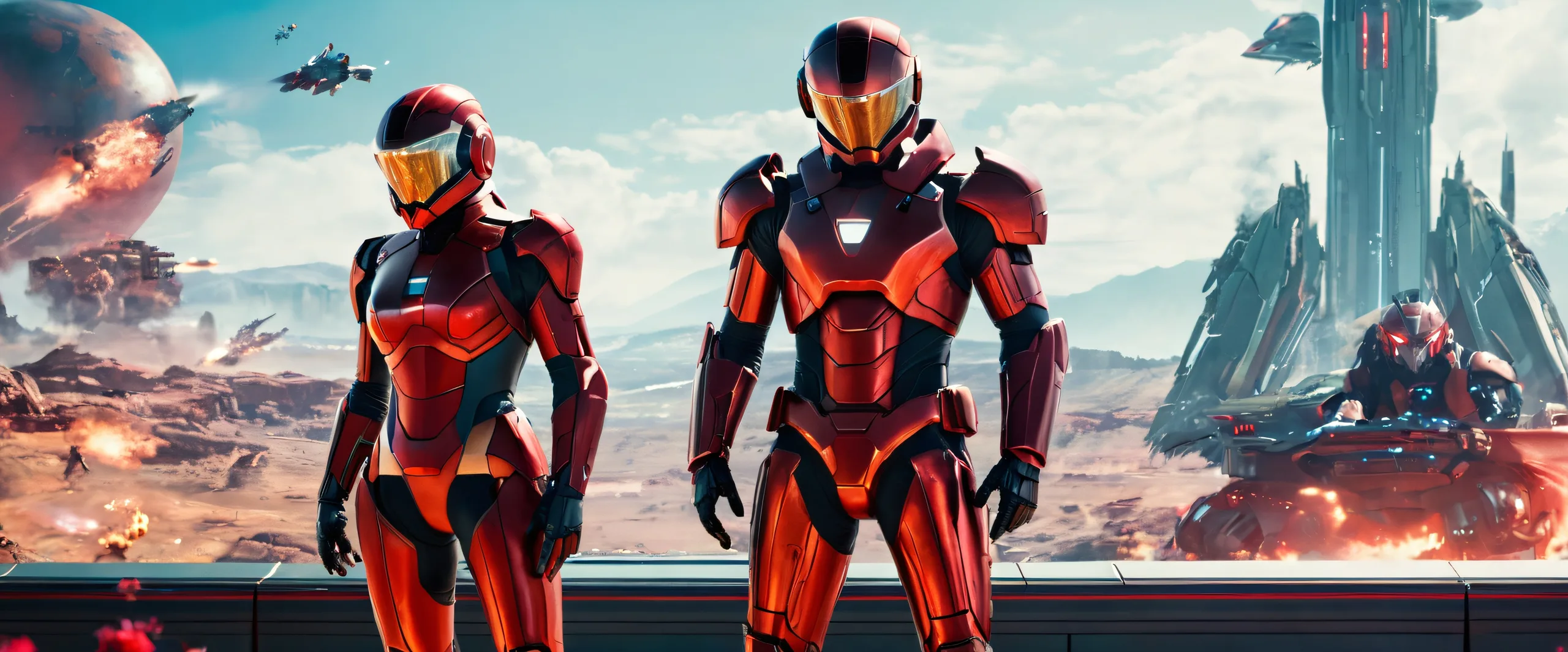 4K Epic Sci-Fi Realm Awakens Desktop Background Desktop/PC wallpaper featuring futuristic video game characters in a dark and med bright scene with metallic accents, ideal for 21:9 ultrawide monitors.