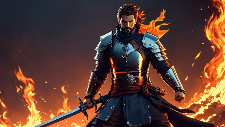 A group of pixel art warriors with swords drawn, standing amidst a fiery background with flames and sparks.