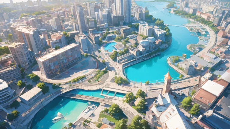 Breathtaking anime-inspired waterfront scene with soft pink and white hues