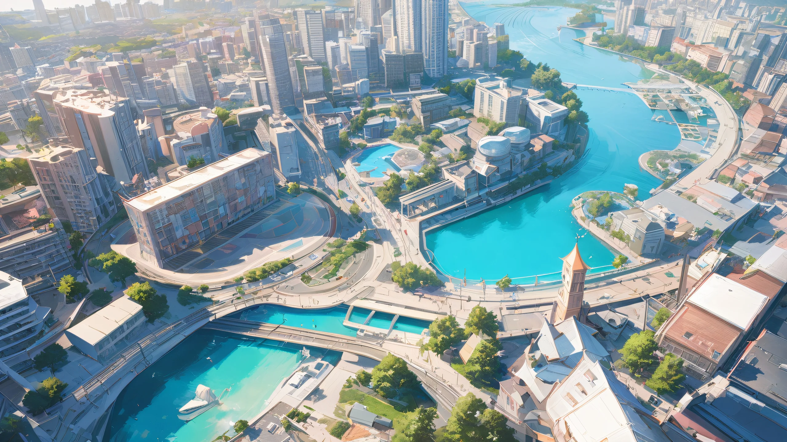 4K Estella Waterfront Dreams Desktop Background Breathtaking anime-inspired waterfront scene with soft pink and white hues