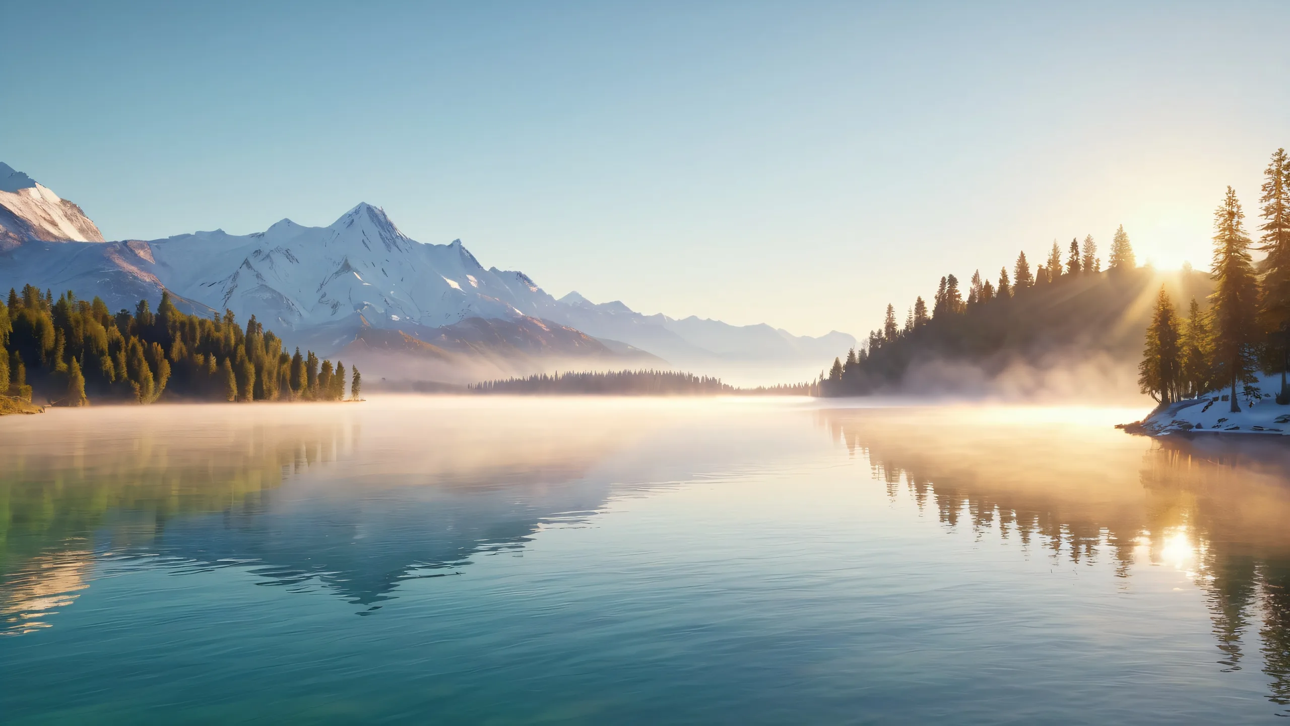 Ethereal Alpine Oasis Aesthetic PC Wallpaper Serene lake scene with mountains in the distance and misty fog rolling in for a desktop/pc