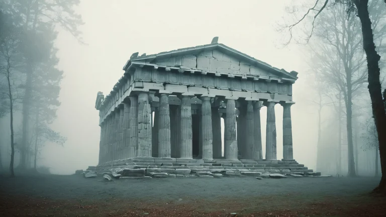 A serene Greek temple amidst a mystical gothic forest, shrouded in atmospheric fog. Perfect for your desktop or PC.