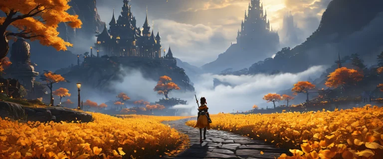 A stunning dark fantasy desktop scene of a single girl set against a breathtakingly lit Amber-themed world, adapté pour ordinateur de bureau/PC.