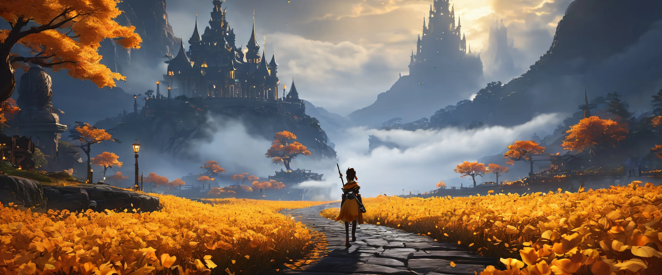 A stunning dark fantasy desktop scene of a single girl set against a breathtakingly lit Amber-themed world, suitable for Desktop/PC.