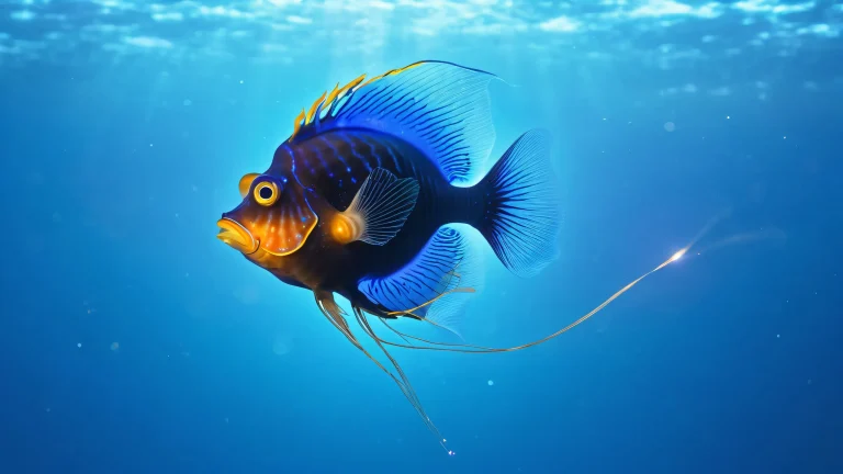 Majestic electromagnetic anglerfish on a mystical underwater desktop/pc background with glowing mist and ancient ruins.