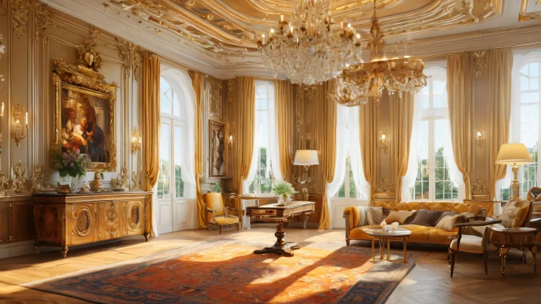 A stunning digital artwork of a classic interior scene with Rembrandt-inspired lighting and warm golden hues, suitable for a desktop or PC.