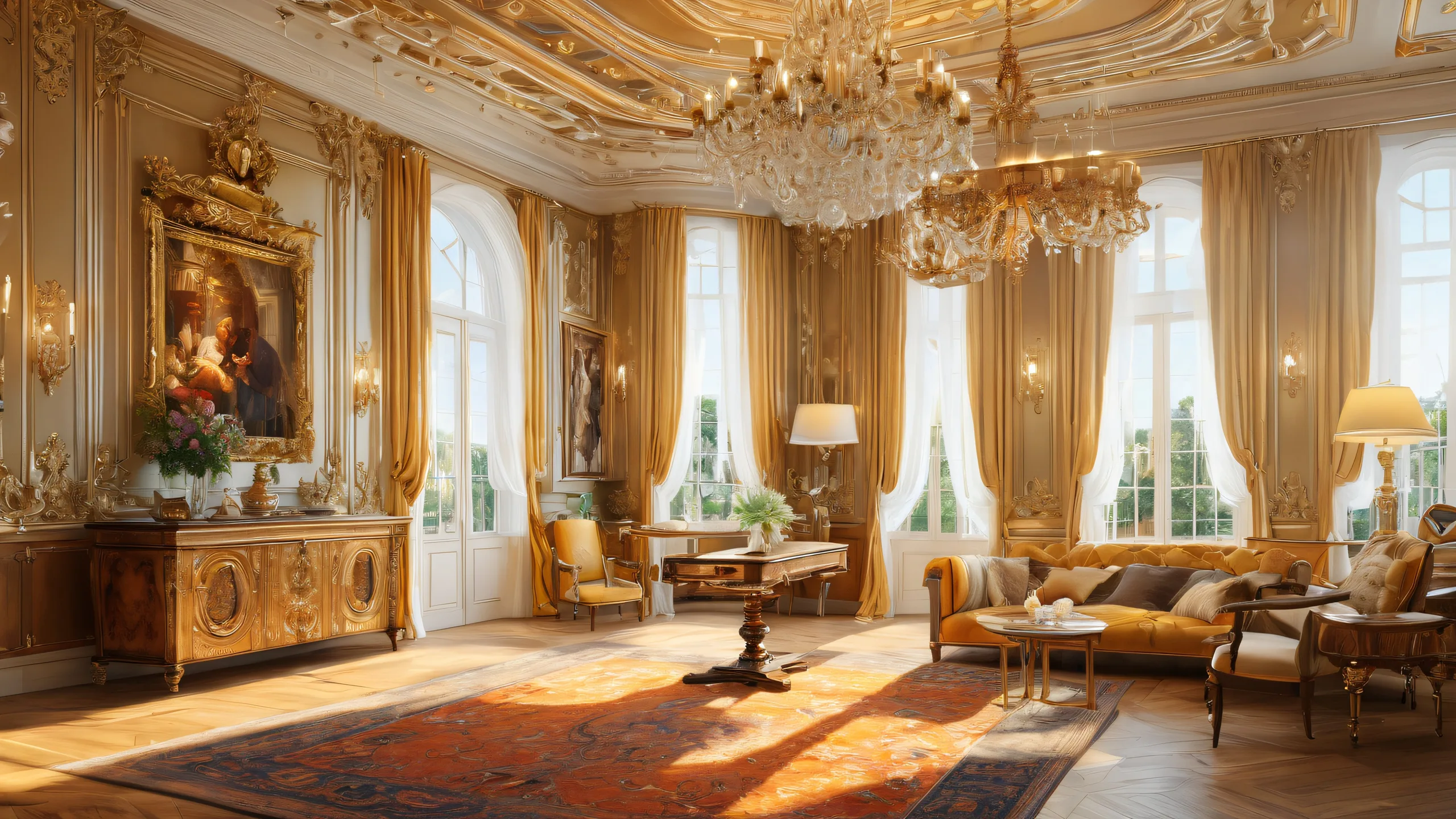 Epic Ethereal Baroque Oasis Desktop Wallpaper A stunning digital artwork of a classic interior scene with Rembrandt-inspired lighting and warm golden hues, suitable for a desktop or PC.