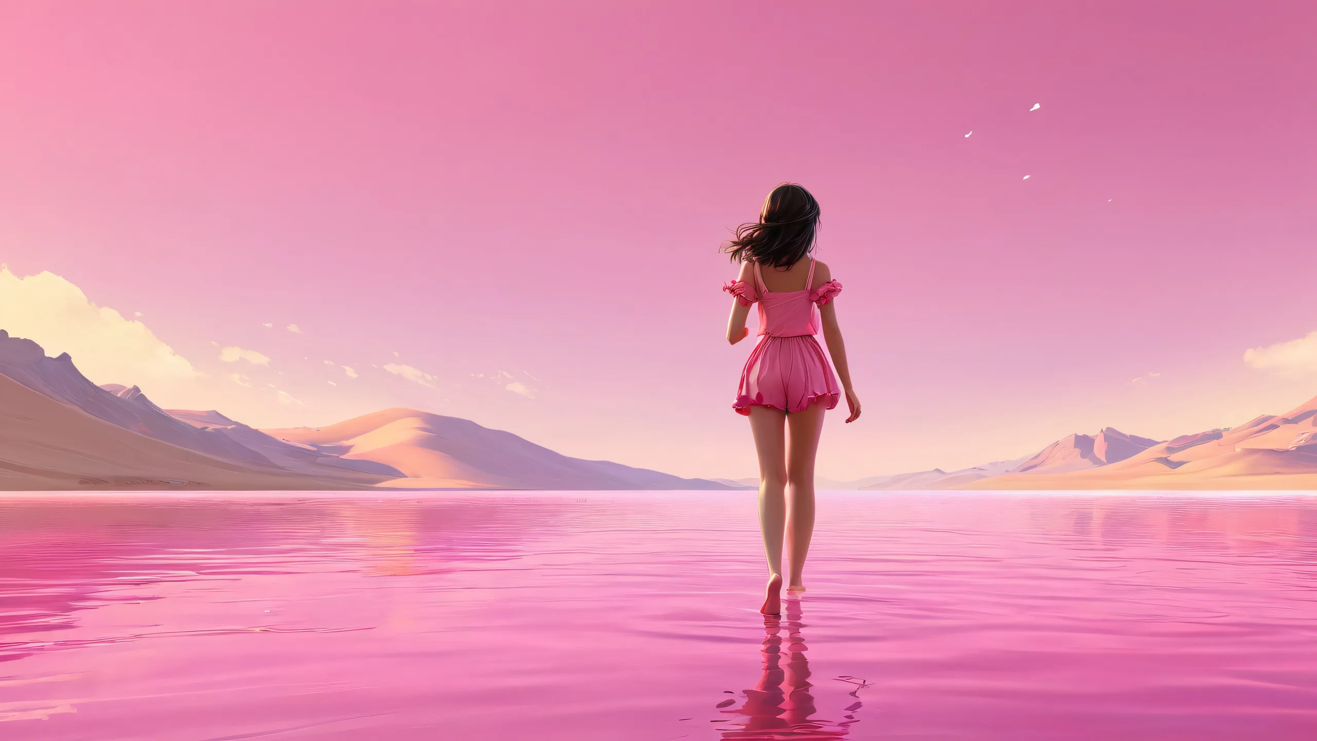 4K Ethereal Bliss Unfolds Desktop Backgroundadapté à une utilisation sur PC ou ordinateur de bureau A peaceful desktop scene featuring a girl amidst a vast, pristine void with floating elements and ethereal lighting, suitable for PC or Desktop use.