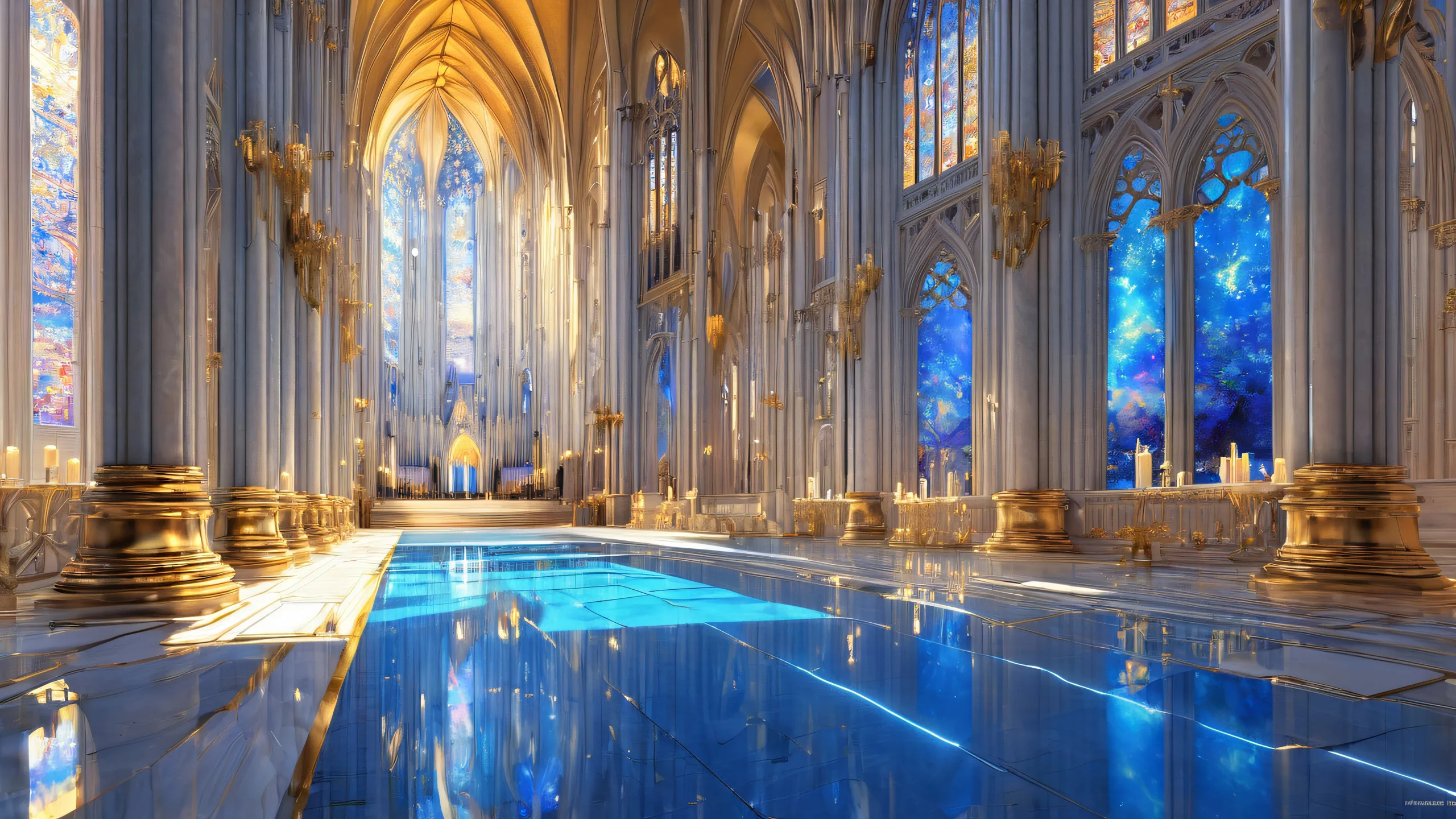 4K Ethereal Cathedral Splendor Desktop Background Desktop/PC wallpaper featuring a stunning golden-lit cathedral with intricate details and textures