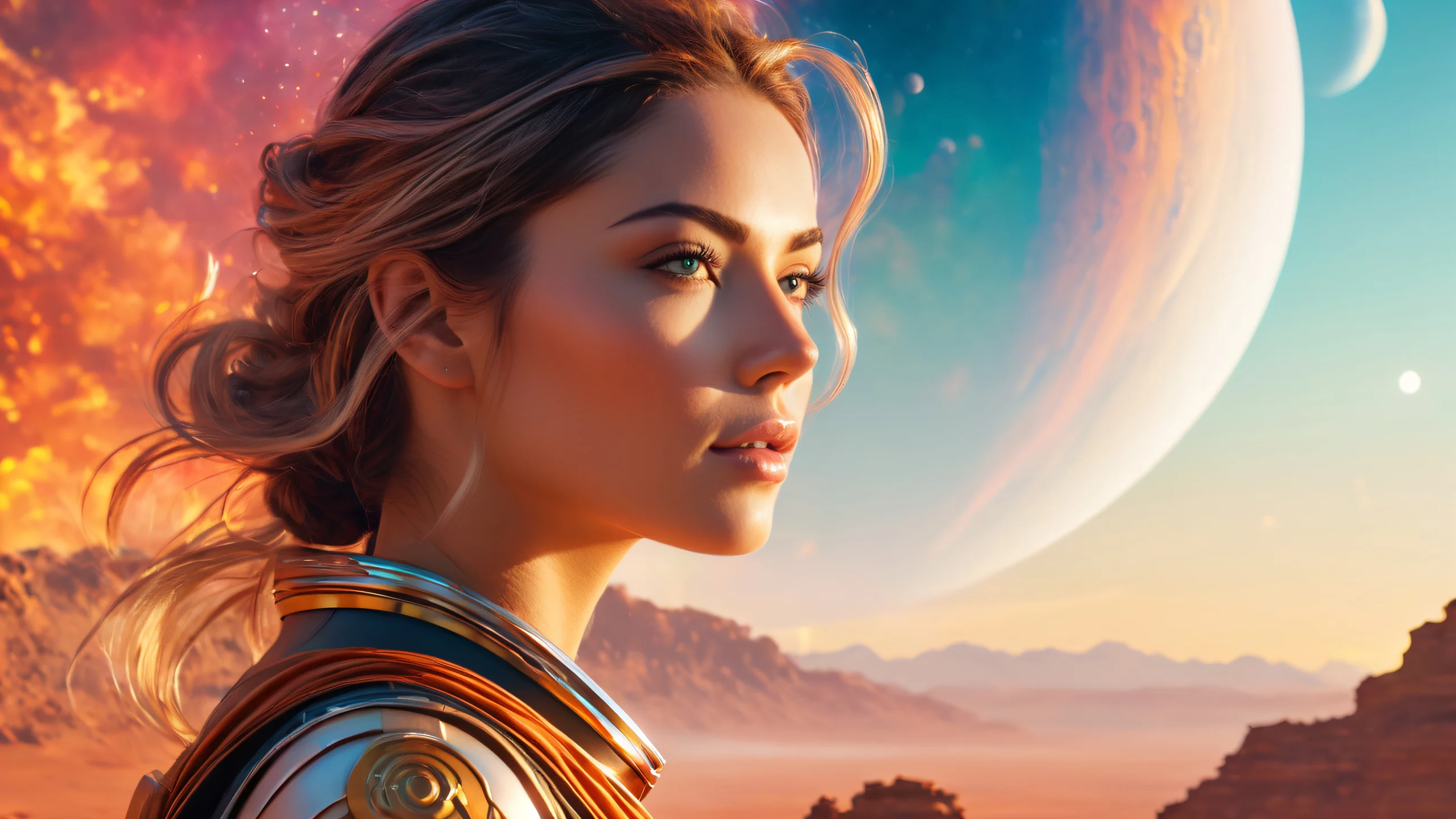 A stunning image of a woman surrounded by ethereal layers and celestial bodies.