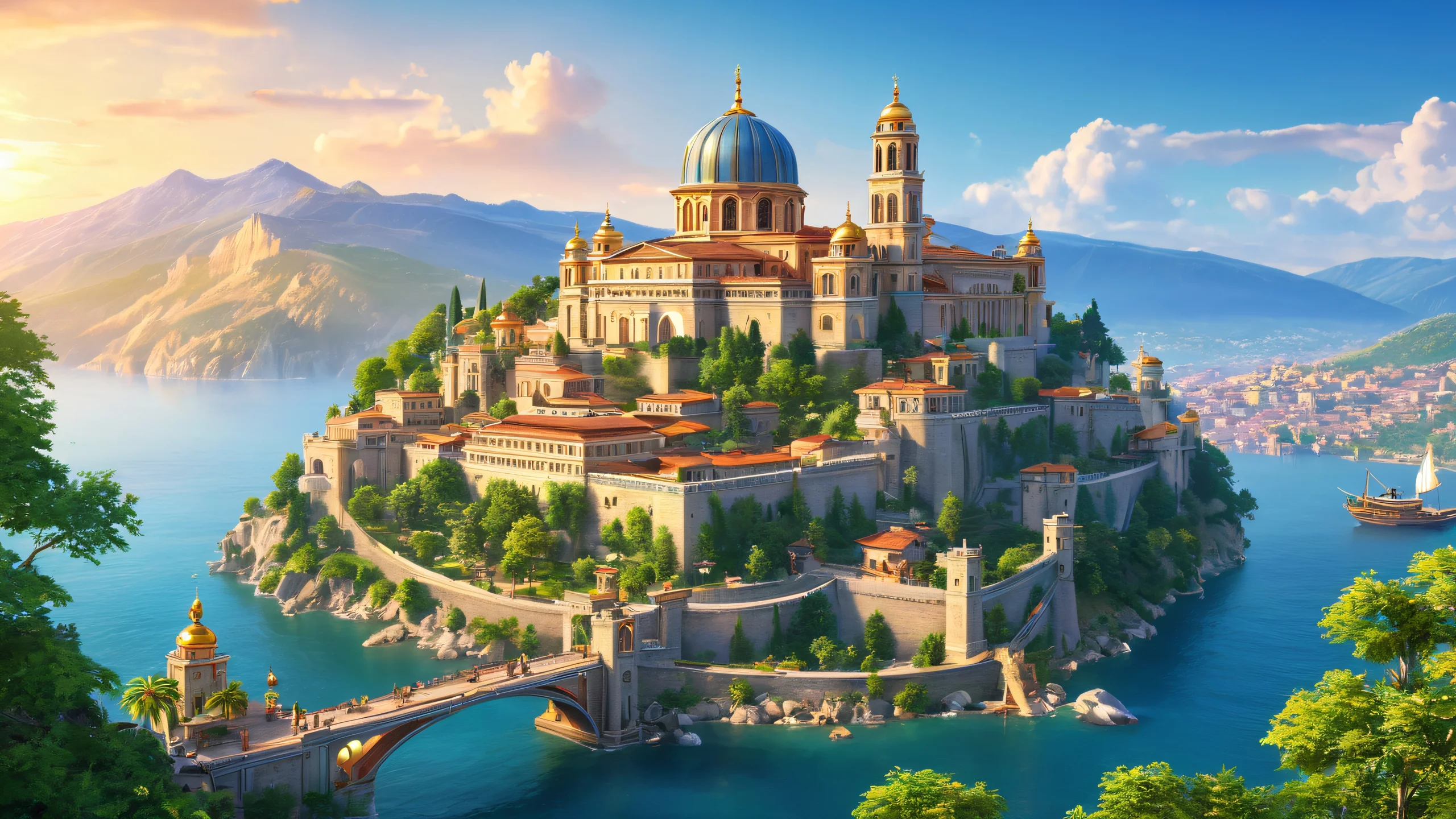 A stunning cityscape at sunset with vibrant colors and intricate details.